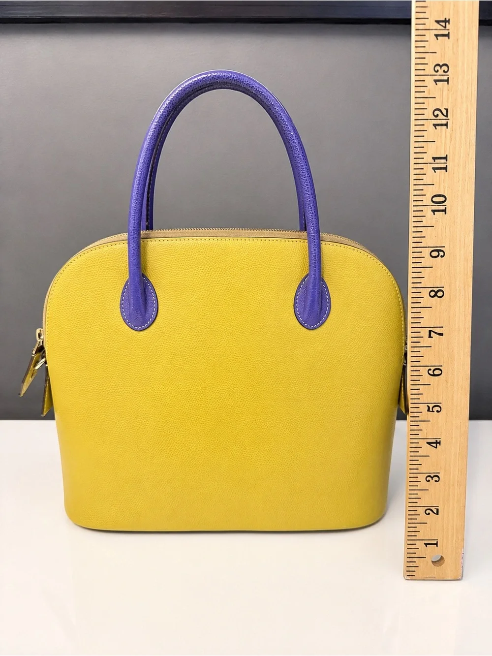 Vtg Celine Bicolor Dome Shell Chartreuse Yellow Purple Handles Crossbody Satchel